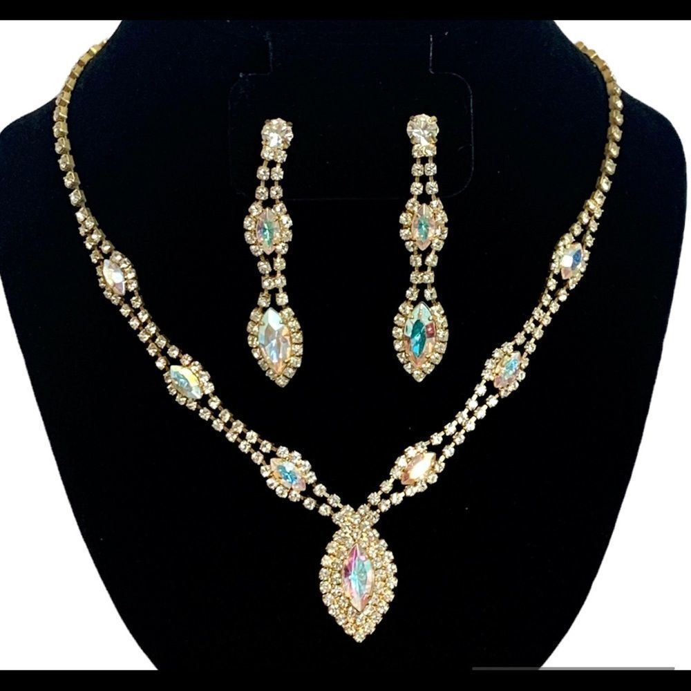 Gold tone Arora borealis rhinestone necklace earring set wedding prom bridesmaid